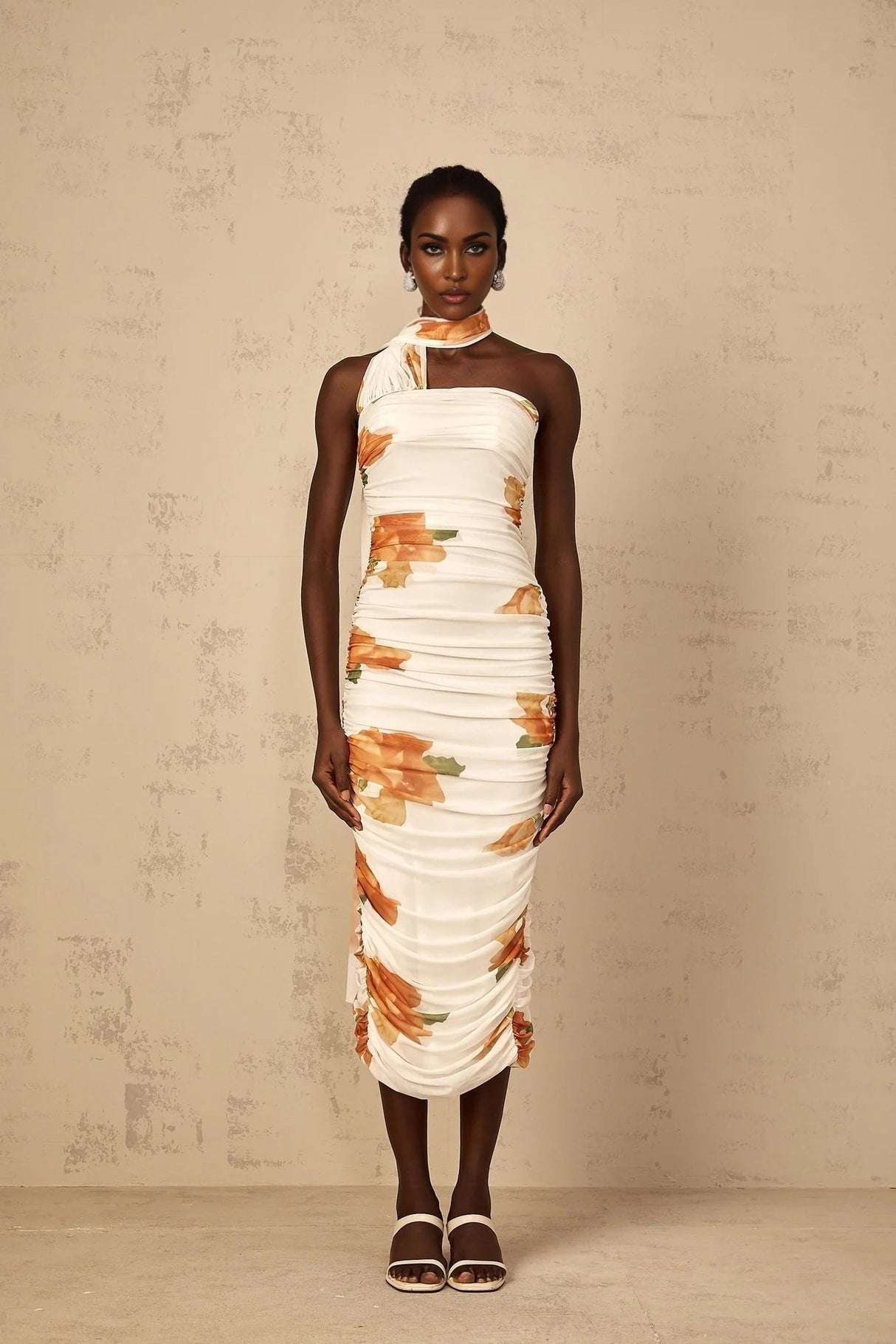 Tiana Midi Dress White Floral Ruched Tulle Off - Shoulder Slit Calf - Length