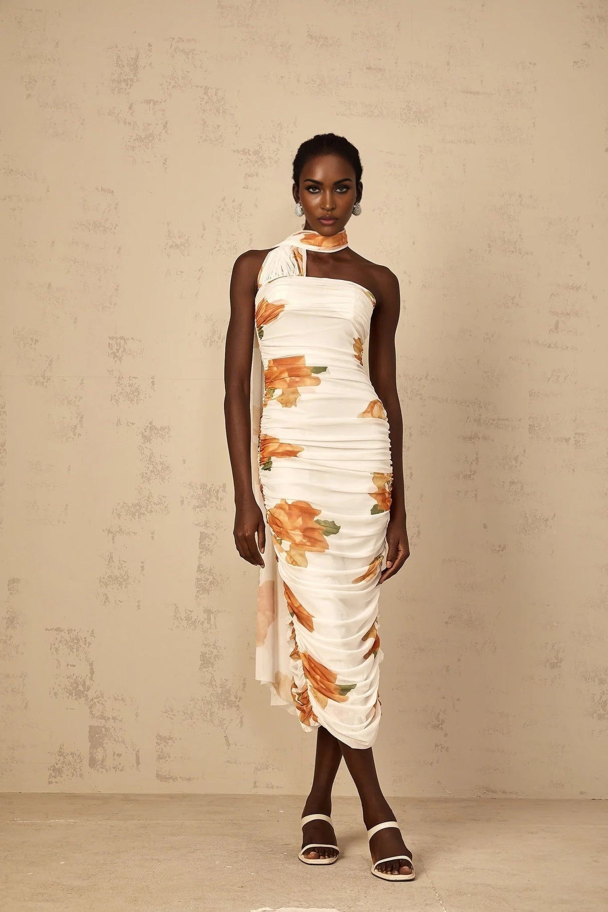 Tiana Midi Dress White Floral Ruched Tulle Off - Shoulder Slit Calf - Length