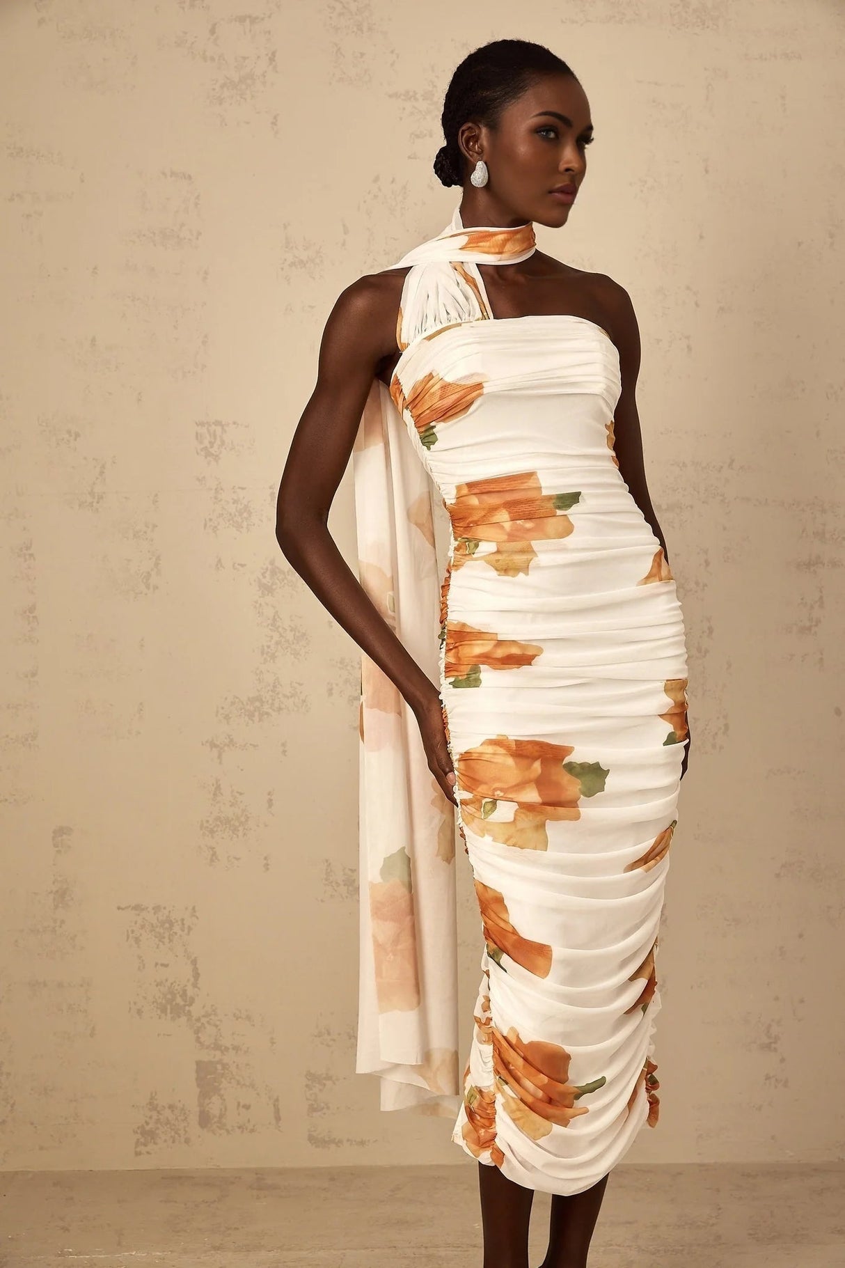 Tiana Midi Dress White Floral Ruched Tulle Off - Shoulder Slit Calf - Length