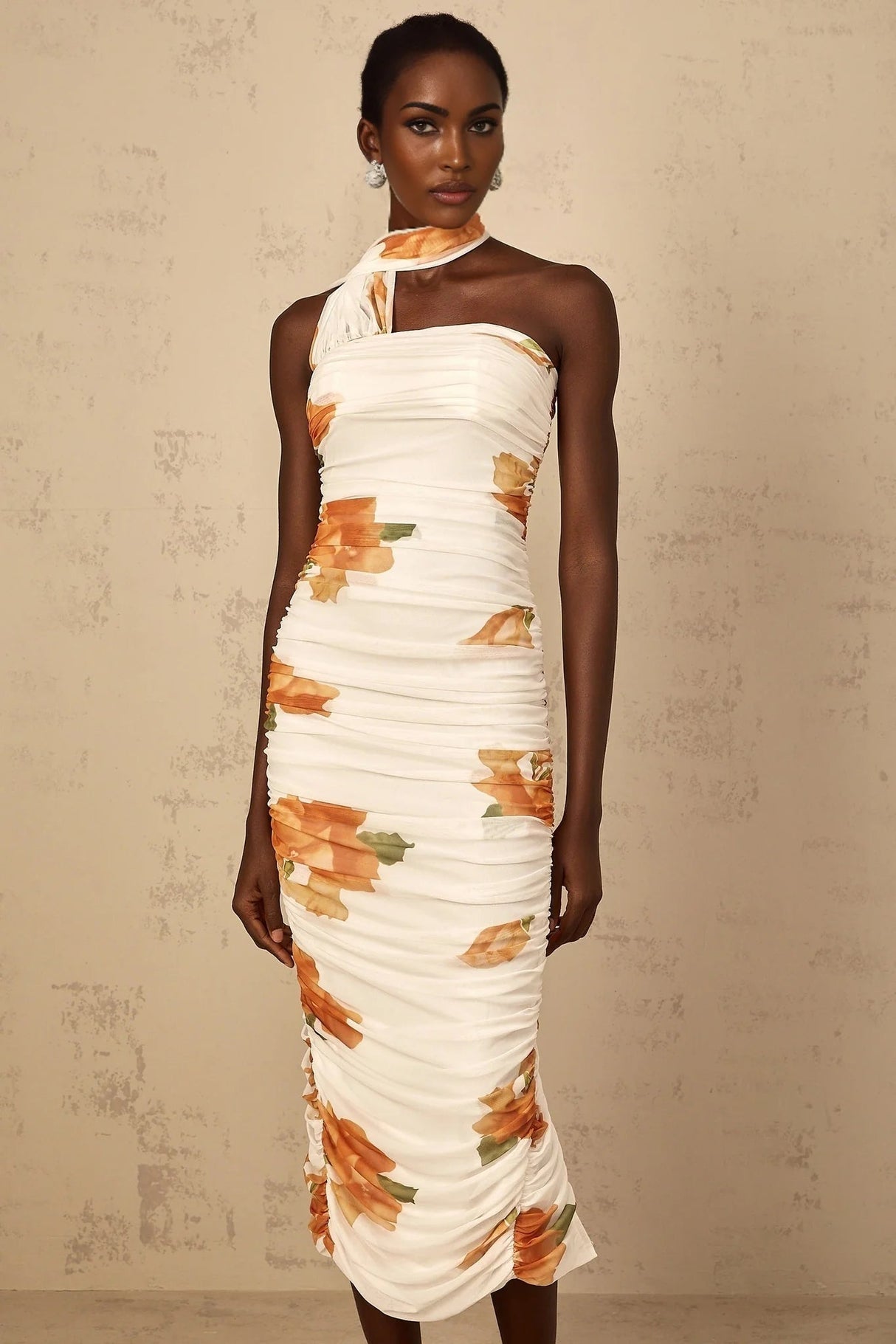 Tiana Midi Dress White Floral Ruched Tulle Off - Shoulder Slit Calf - Length