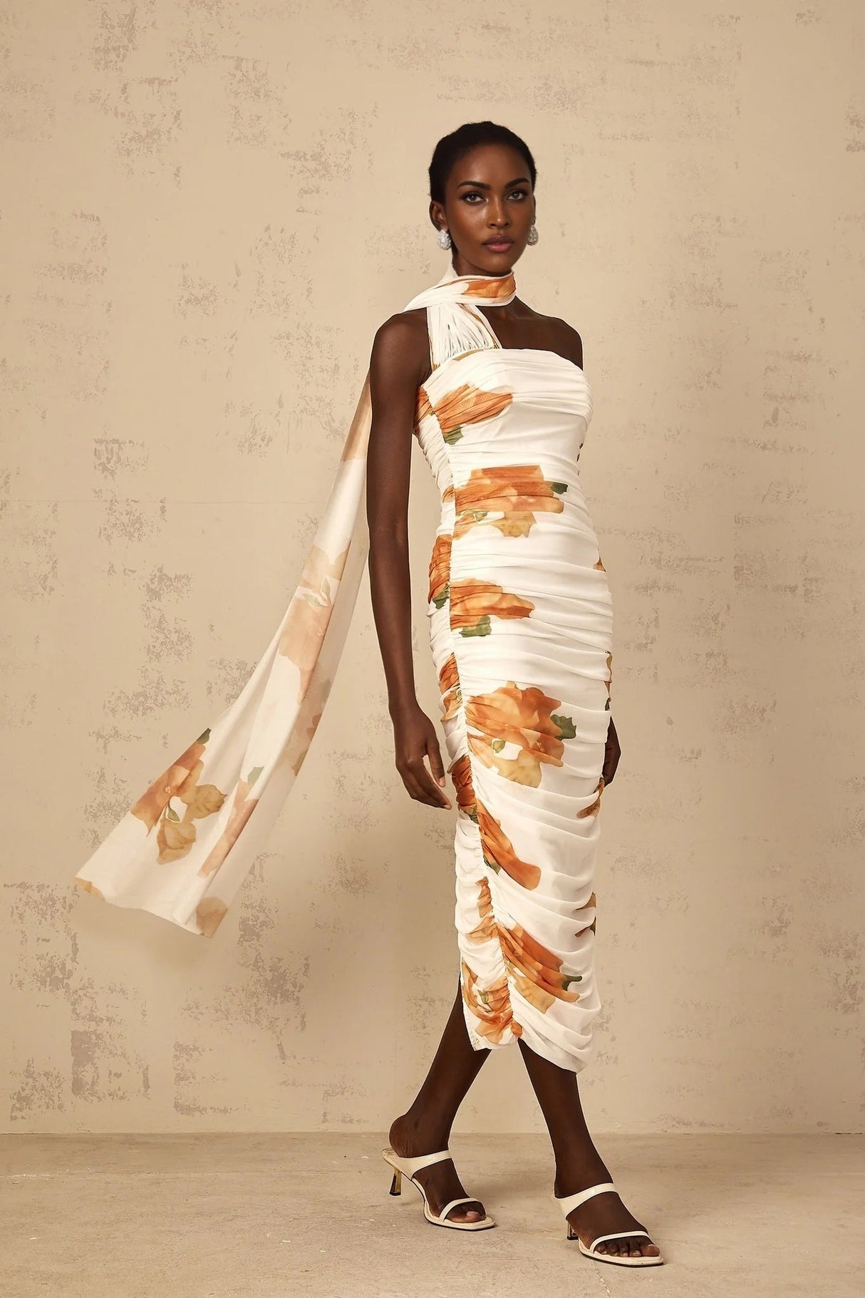 Tiana Midi Dress White Floral Ruched Tulle Off - Shoulder Slit Calf - Length