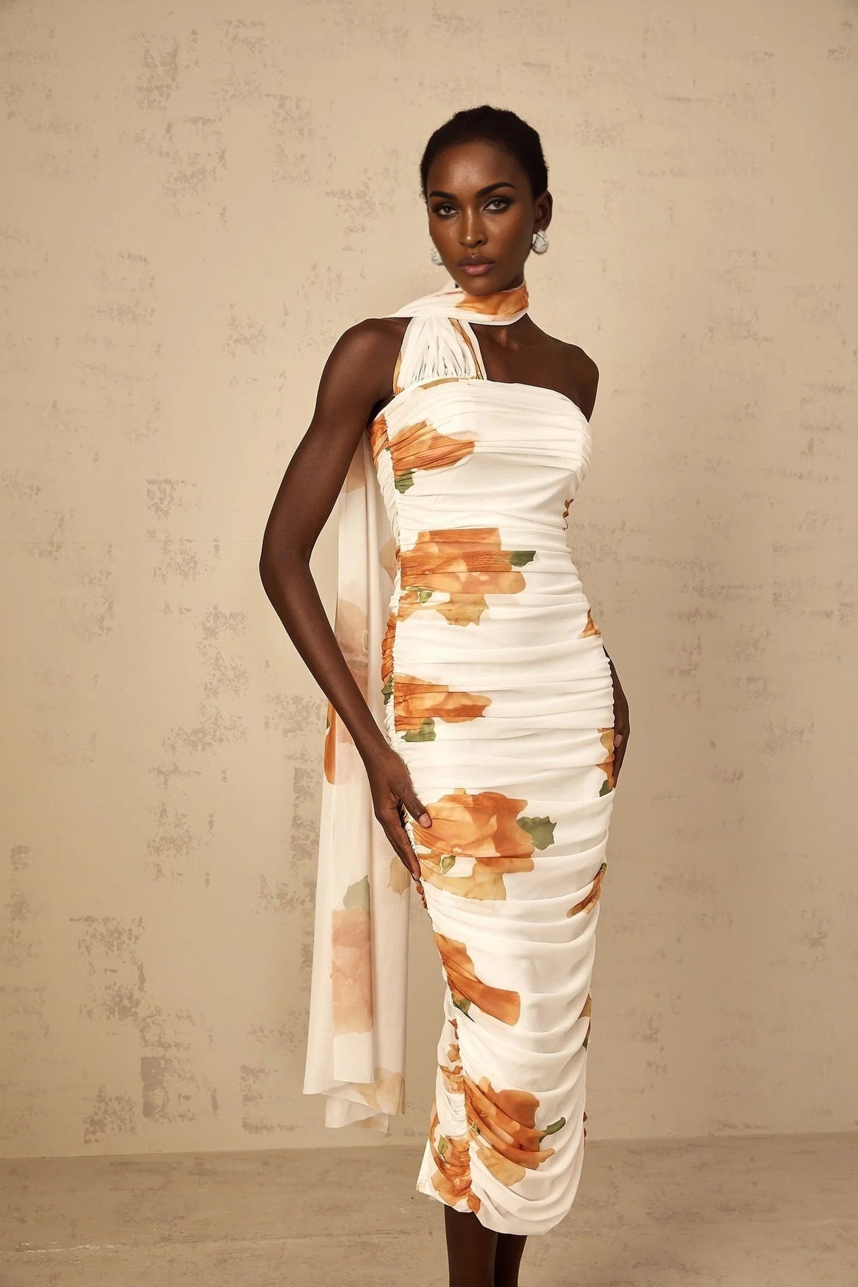 Tiana Midi Dress White Floral Ruched Tulle Off - Shoulder Slit Calf - Length