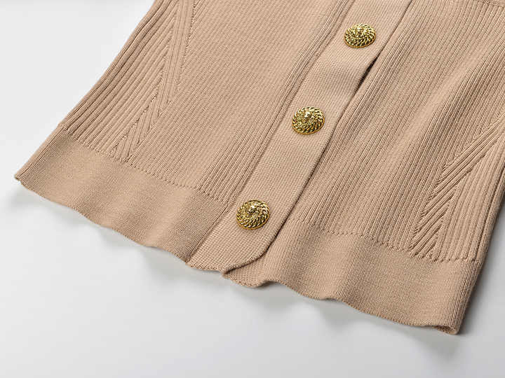 Tiana Top – Fitted Ribbed Knit – Military - Inspired Design – Decorative Gold Buttons – Tailored Silhouette – Pocket Detailing