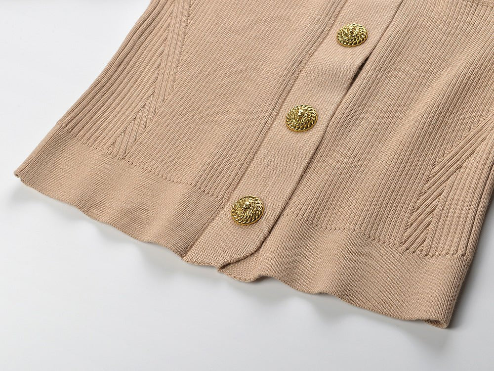 Tiana Top – Fitted Ribbed Knit – Military - Inspired Design – Decorative Gold Buttons – Tailored Silhouette – Pocket Detailing