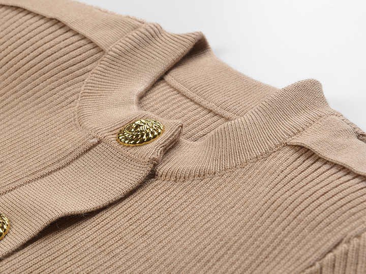 Tiana Top – Fitted Ribbed Knit – Military - Inspired Design – Decorative Gold Buttons – Tailored Silhouette – Pocket Detailing