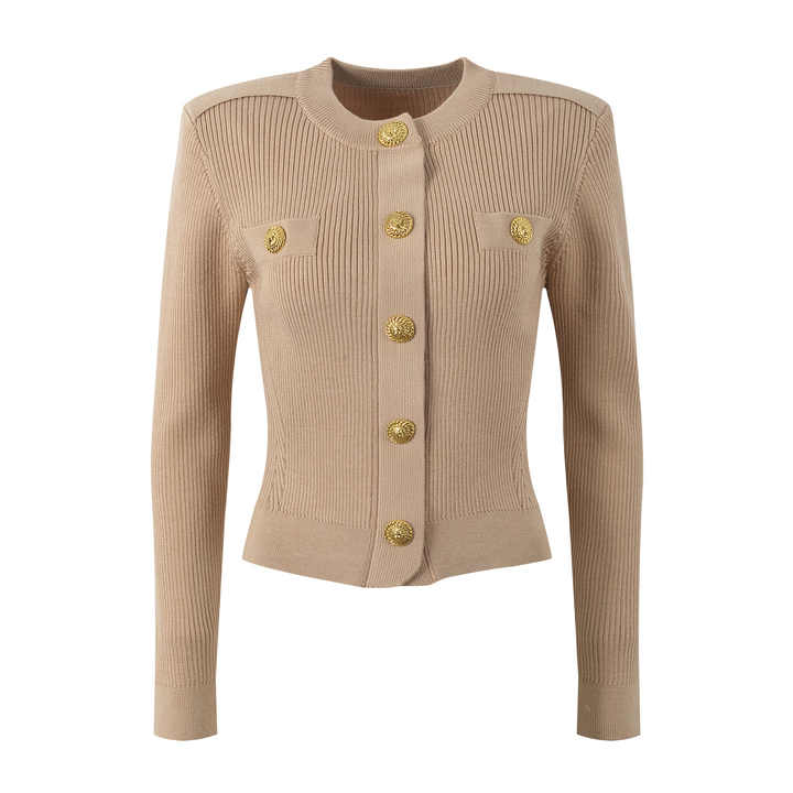 Tiana Top – Fitted Ribbed Knit – Military - Inspired Design – Decorative Gold Buttons – Tailored Silhouette – Pocket Detailing