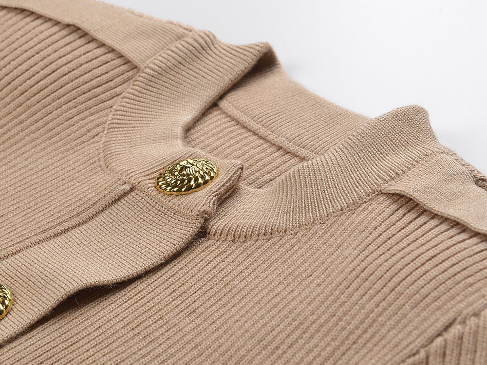 Tiana Top – Fitted Ribbed Knit – Military - Inspired Design – Decorative Gold Buttons – Tailored Silhouette – Pocket Detailing