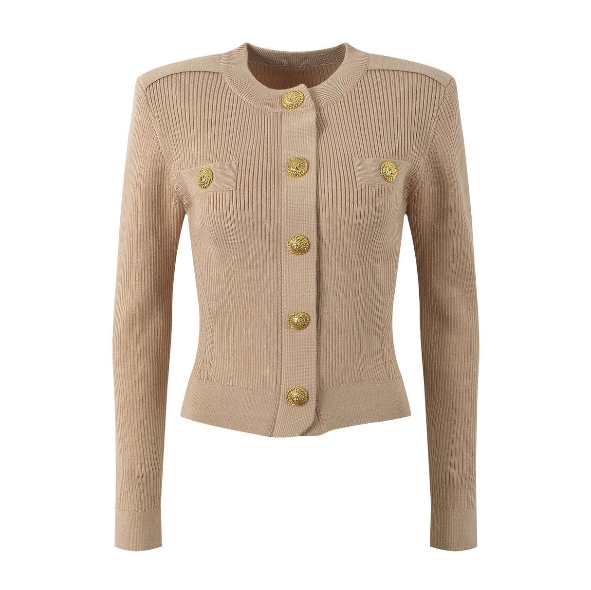 Tiana Top – Fitted Ribbed Knit – Military - Inspired Design – Decorative Gold Buttons – Tailored Silhouette – Pocket Detailing