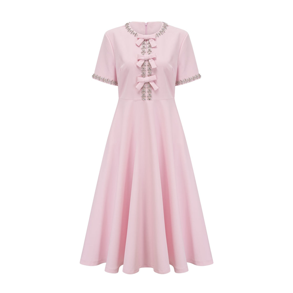 Tiffany Midi Dress Pink Crystal Bow Flared Skirt & Rear Zip