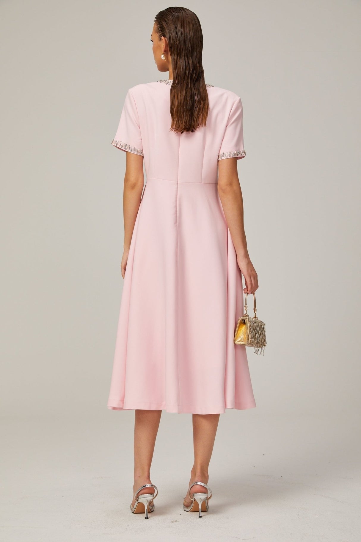 Tiffany Midi Dress Pink Crystal Bow Flared Skirt & Rear Zip