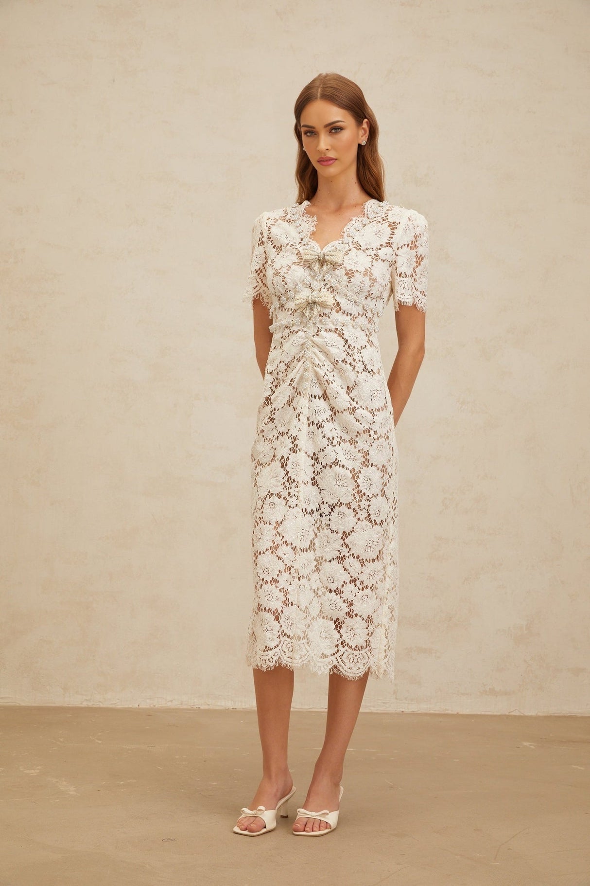 Tiffany Midi Dress - V - Neck - Glitter Detailing - Bow Brooch - Frayed Edge - Embellished - Zip Fastening - Midi Length