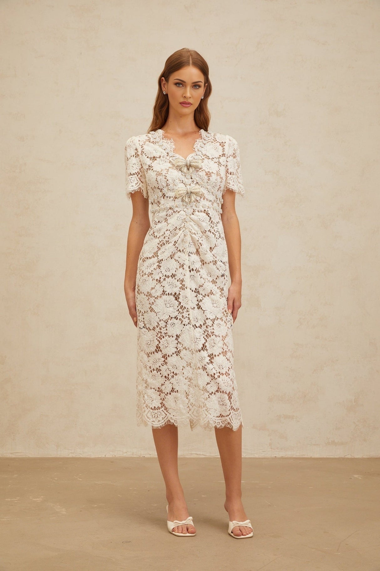 Tiffany Midi Dress - V - Neck - Glitter Detailing - Bow Brooch - Frayed Edge - Embellished - Zip Fastening - Midi Length