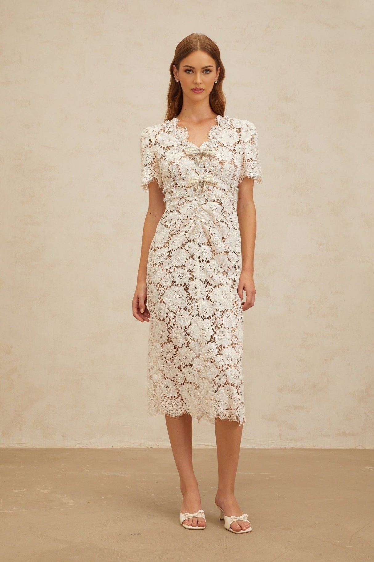 Tiffany Midi Dress - V - Neck - Glitter Detailing - Bow Brooch - Frayed Edge - Embellished - Zip Fastening - Midi Length