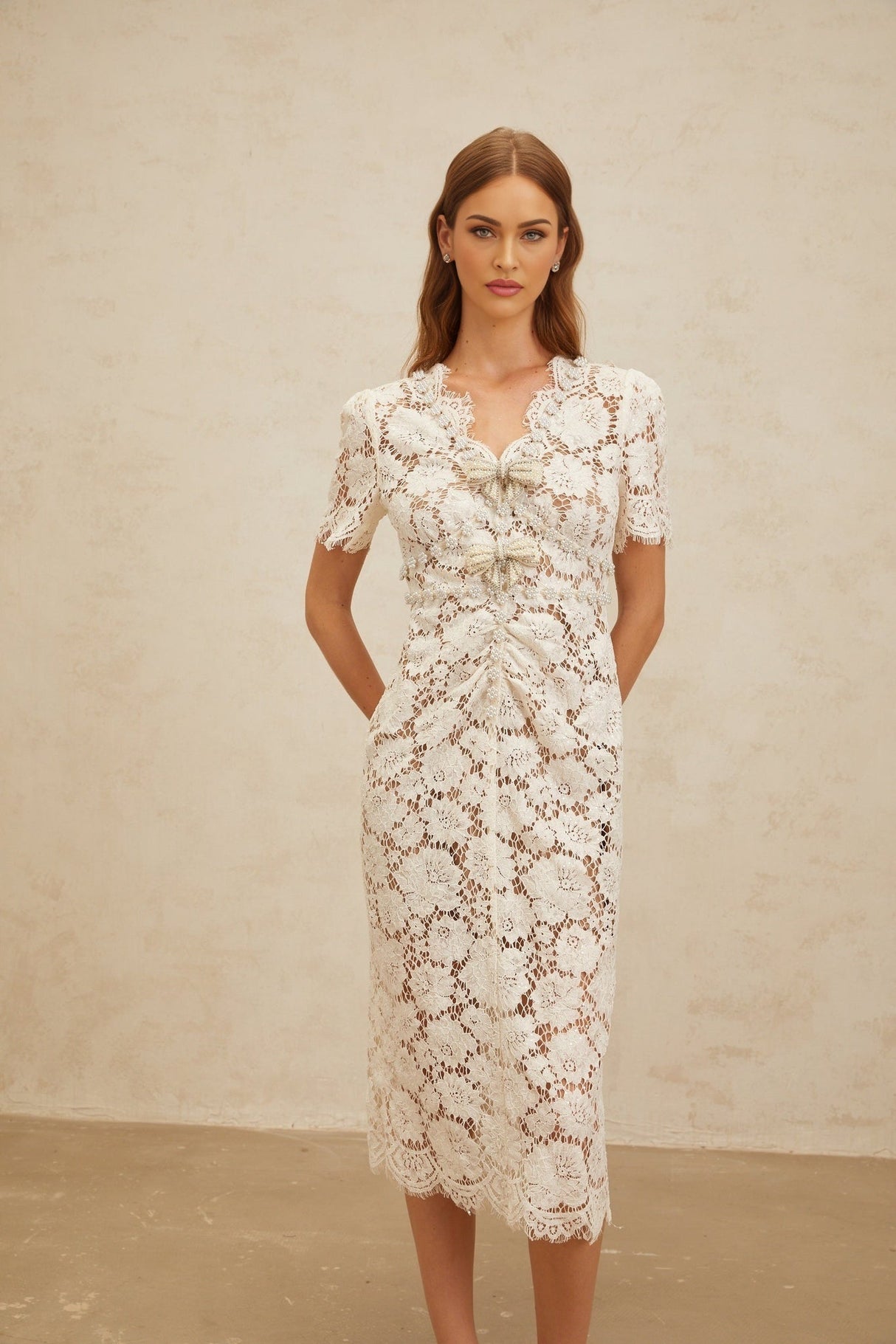 Tiffany Midi Dress - V - Neck - Glitter Detailing - Bow Brooch - Frayed Edge - Embellished - Zip Fastening - Midi Length