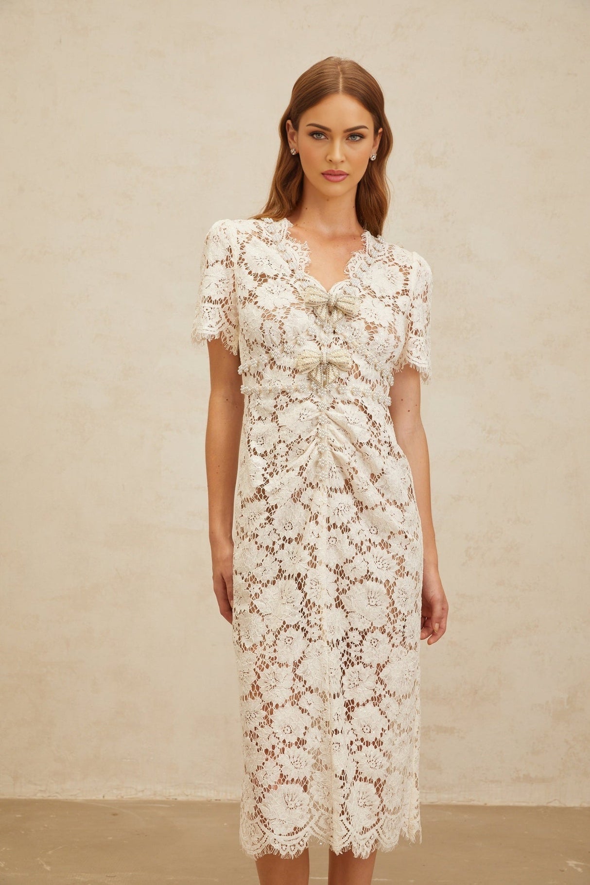 Tiffany Midi Dress - V - Neck - Glitter Detailing - Bow Brooch - Frayed Edge - Embellished - Zip Fastening - Midi Length