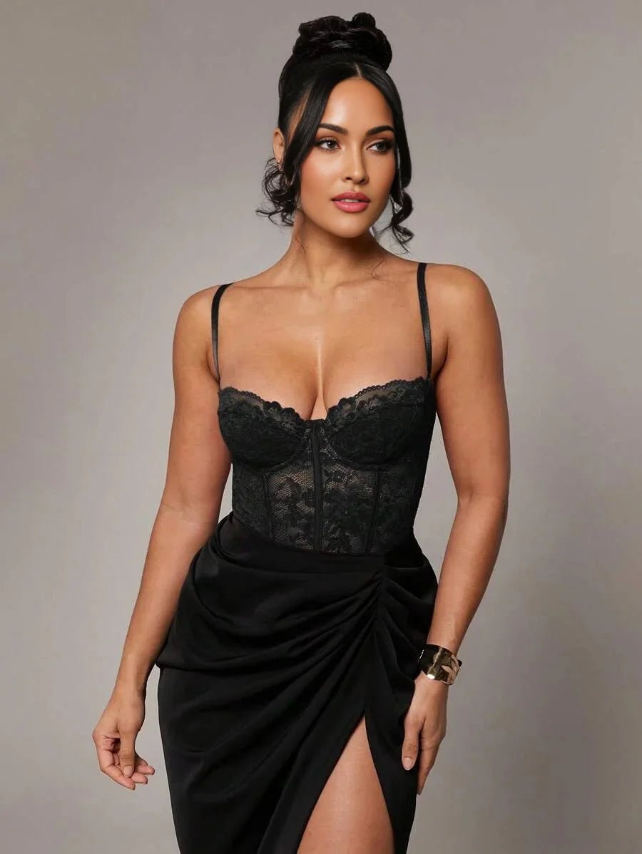 Tinsley Bodysuit - Slim Fit - Backless, Contrast Lace - Medium Stretch Fabric - Long Sleeve Length - Cami Style - Premium Quality - Modern Look