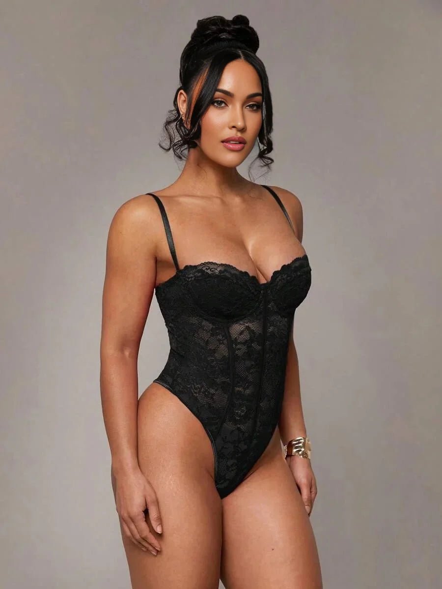 Tinsley Bodysuit - Slim Fit - Backless, Contrast Lace - Medium Stretch Fabric - Long Sleeve Length - Cami Style - Premium Quality - Modern Look