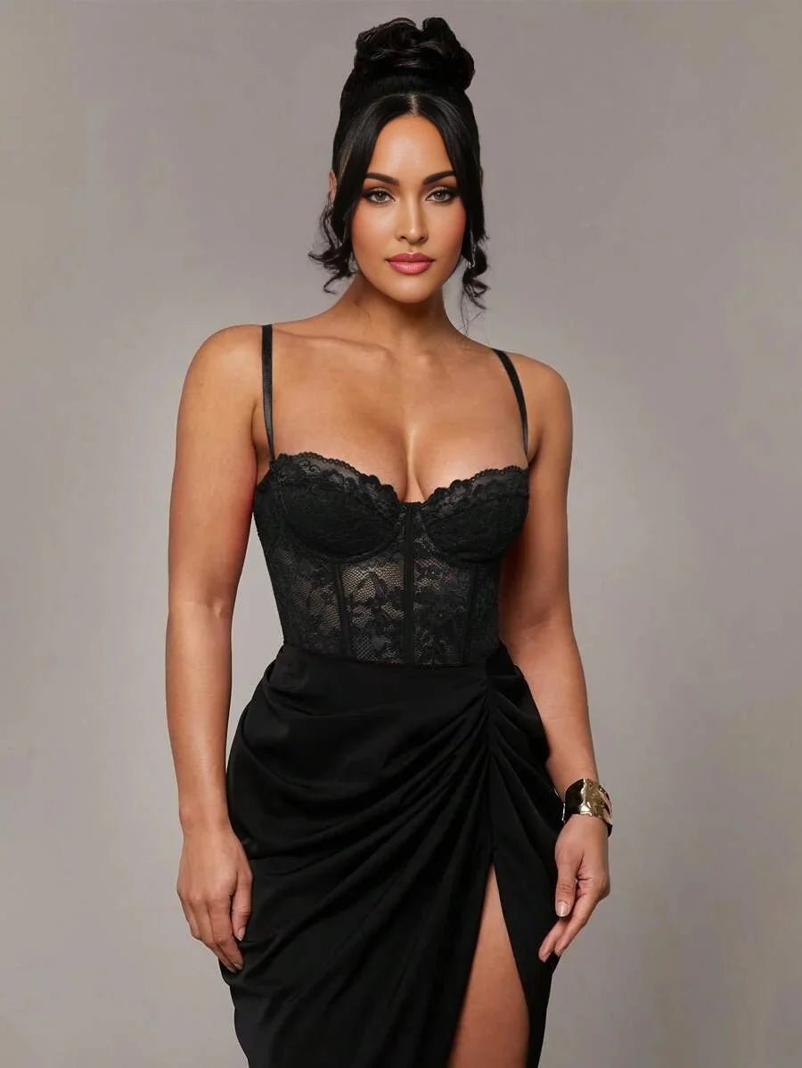 Tinsley Bodysuit - Slim Fit - Backless, Contrast Lace - Medium Stretch Fabric - Long Sleeve Length - Cami Style - Premium Quality - Modern Look