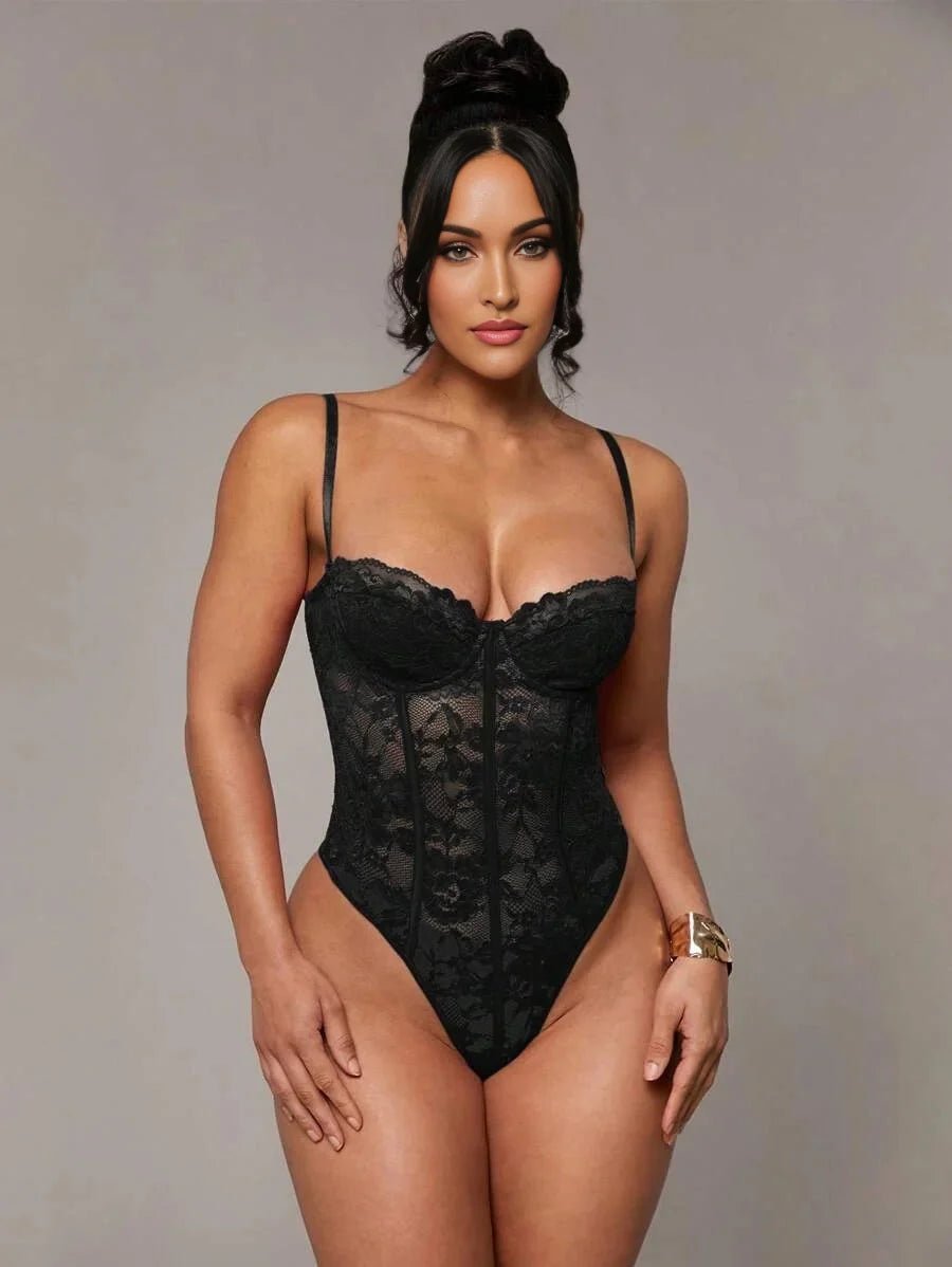 Tinsley Bodysuit - Slim Fit - Backless, Contrast Lace - Medium Stretch Fabric - Long Sleeve Length - Cami Style - Premium Quality - Modern Look