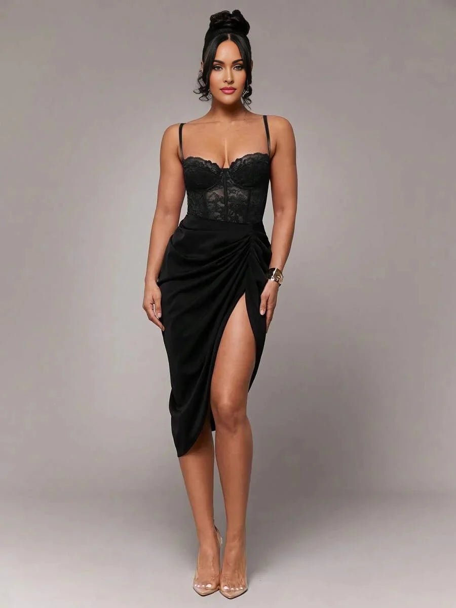 Tinsley Bodysuit - Slim Fit - Backless, Contrast Lace - Medium Stretch Fabric - Long Sleeve Length - Cami Style - Premium Quality - Modern Look