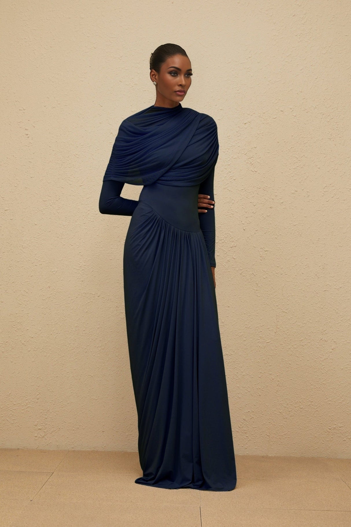 Tinsley Maxi Dress - Crew Neck - Long Sleeves - Mesh Shawl Draped Floor Length