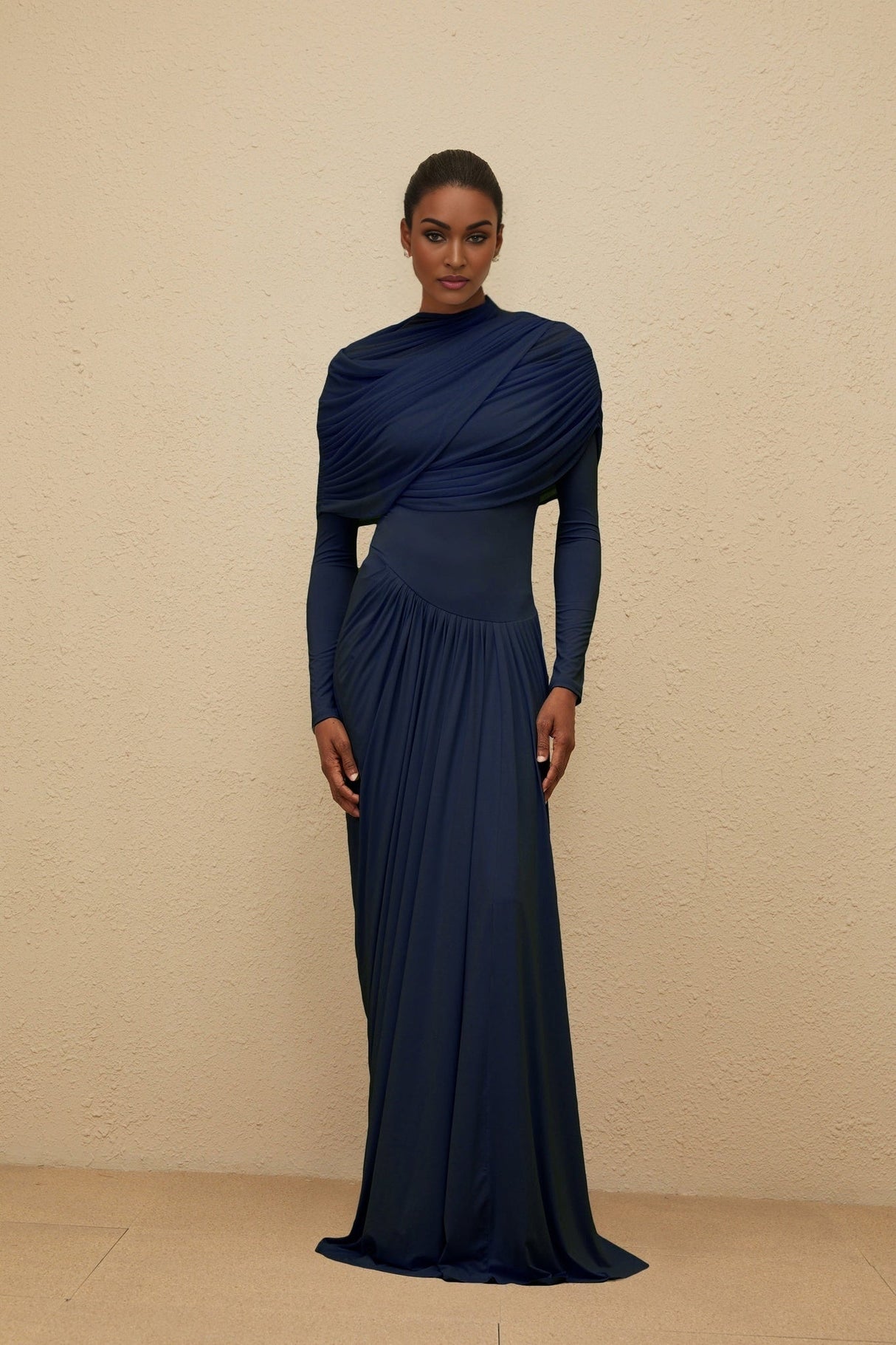 Tinsley Maxi Dress - Crew Neck - Long Sleeves - Mesh Shawl Draped Floor Length