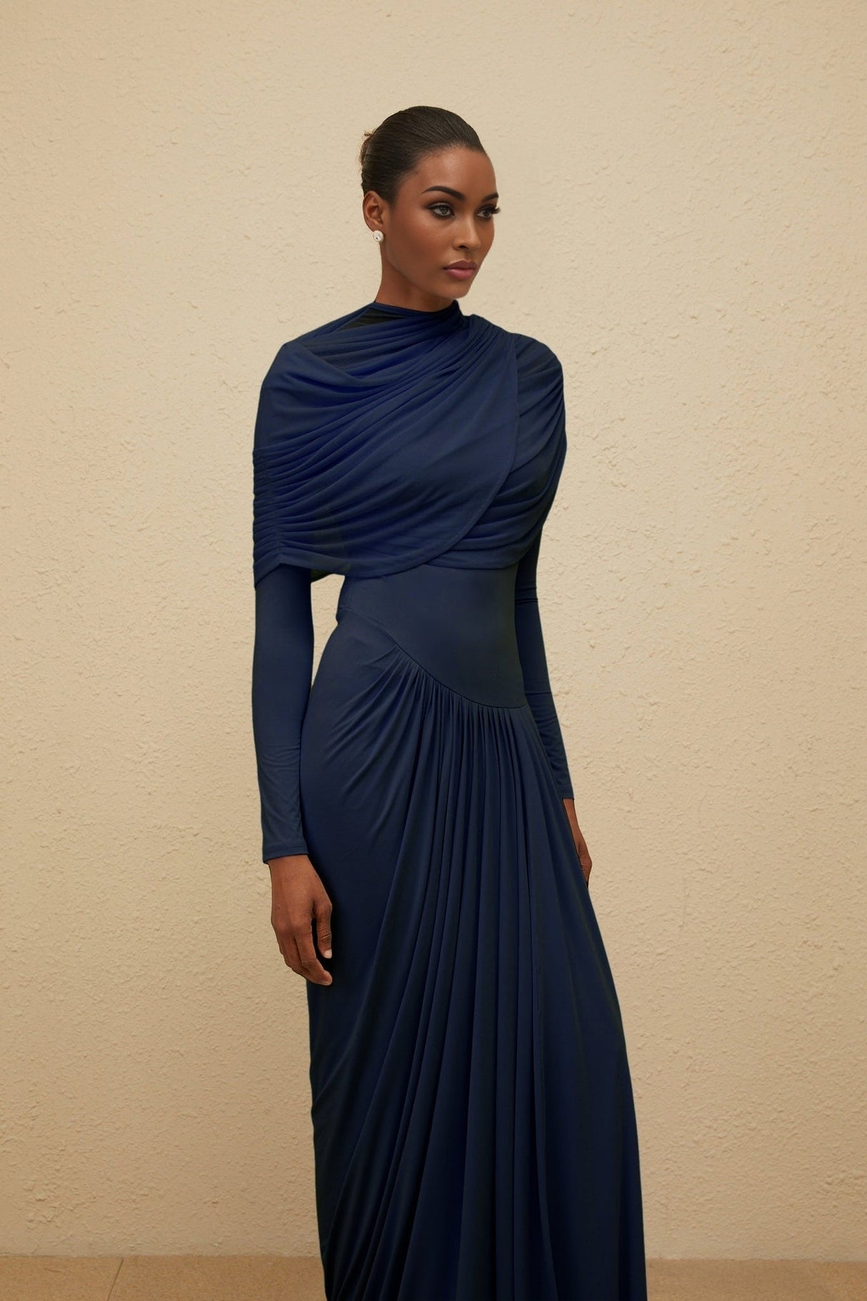 Tinsley Maxi Dress - Crew Neck - Long Sleeves - Mesh Shawl Draped Floor Length
