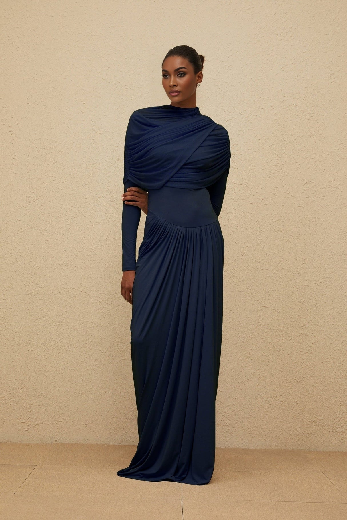 Tinsley Maxi Dress - Crew Neck - Long Sleeves - Mesh Shawl Draped Floor Length