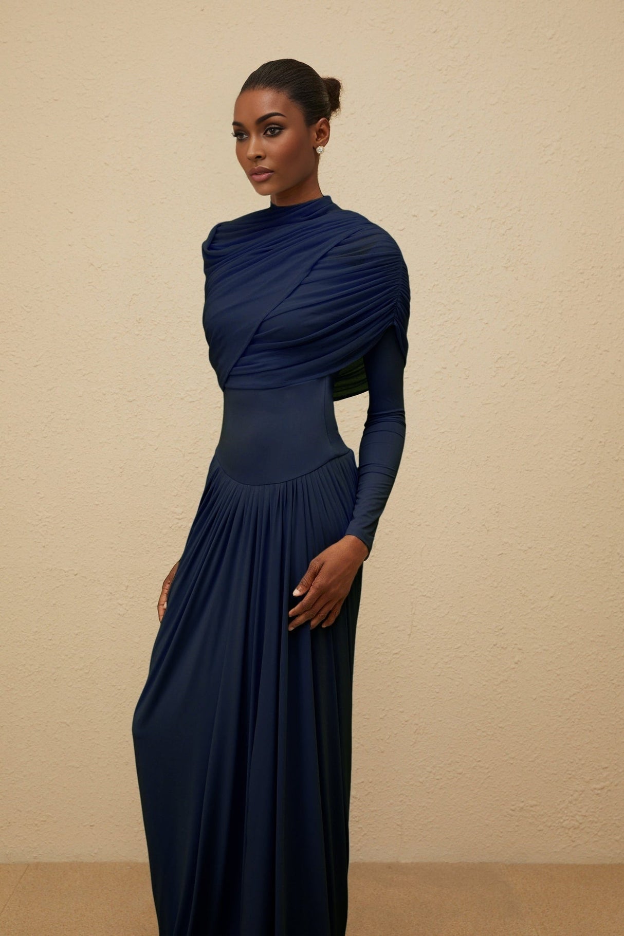 Tinsley Maxi Dress - Crew Neck - Long Sleeves - Mesh Shawl Draped Floor Length