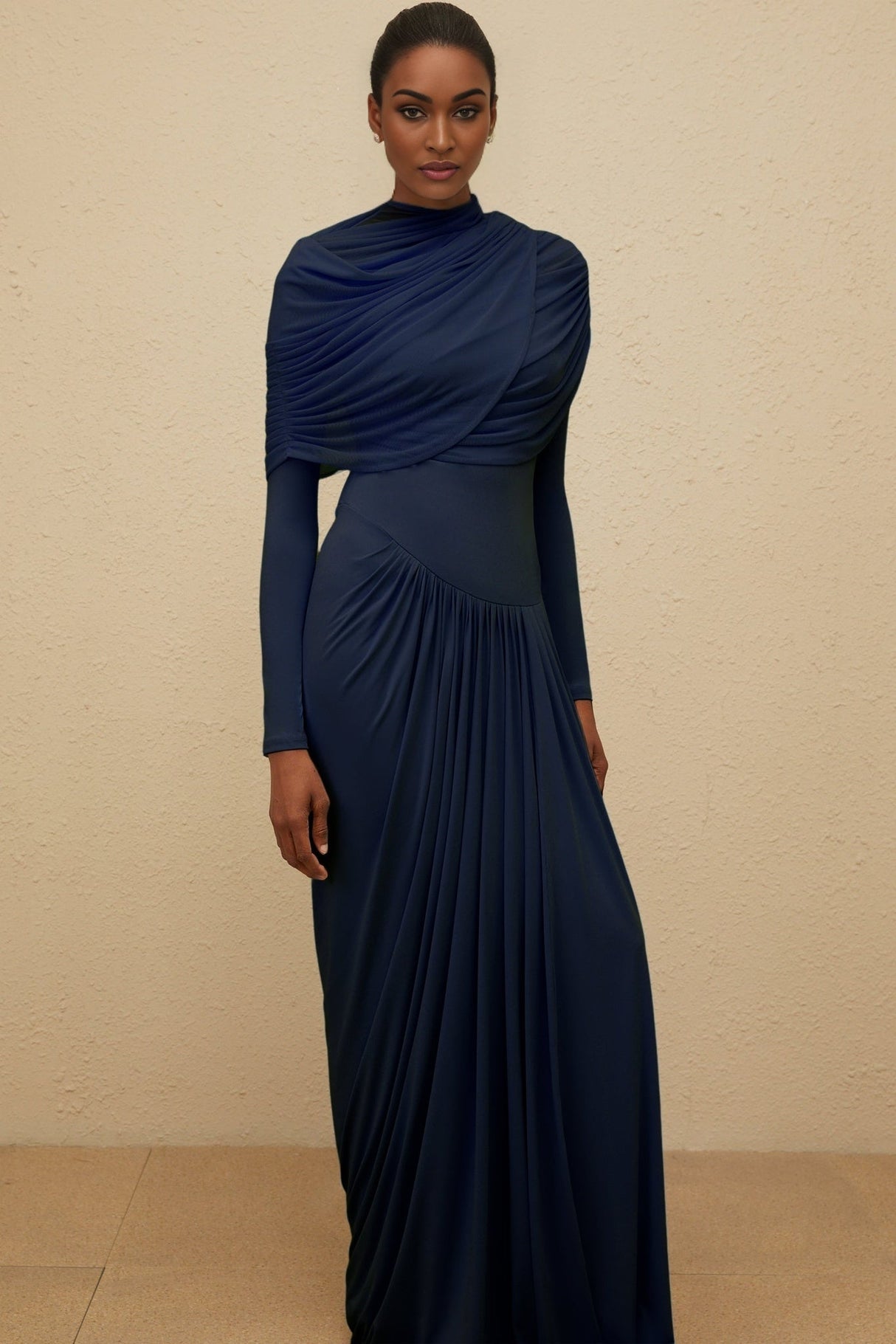 Tinsley Maxi Dress - Crew Neck - Long Sleeves - Mesh Shawl Draped Floor Length