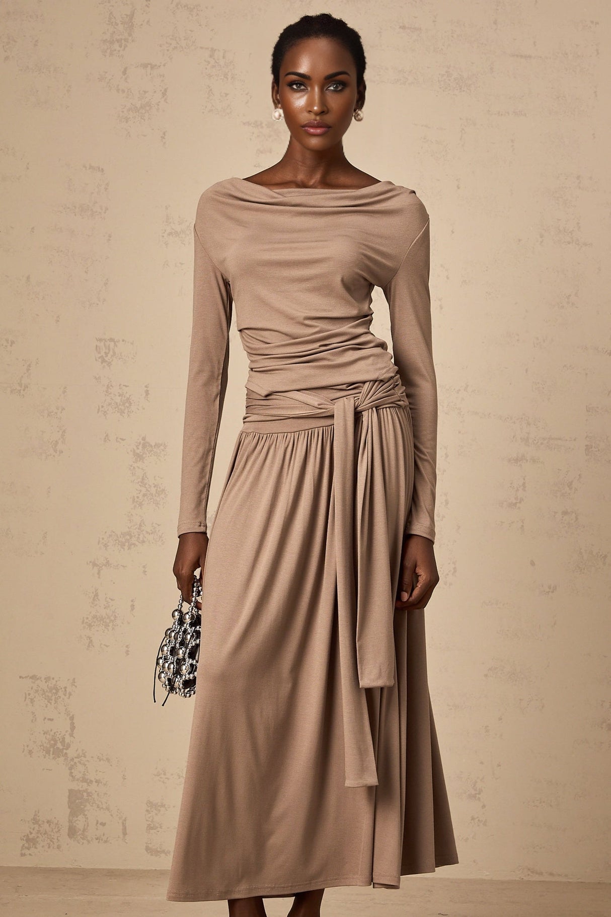 Tinsley Skirt & Top Set Oatmeal Draped Detail Matching Ensemble