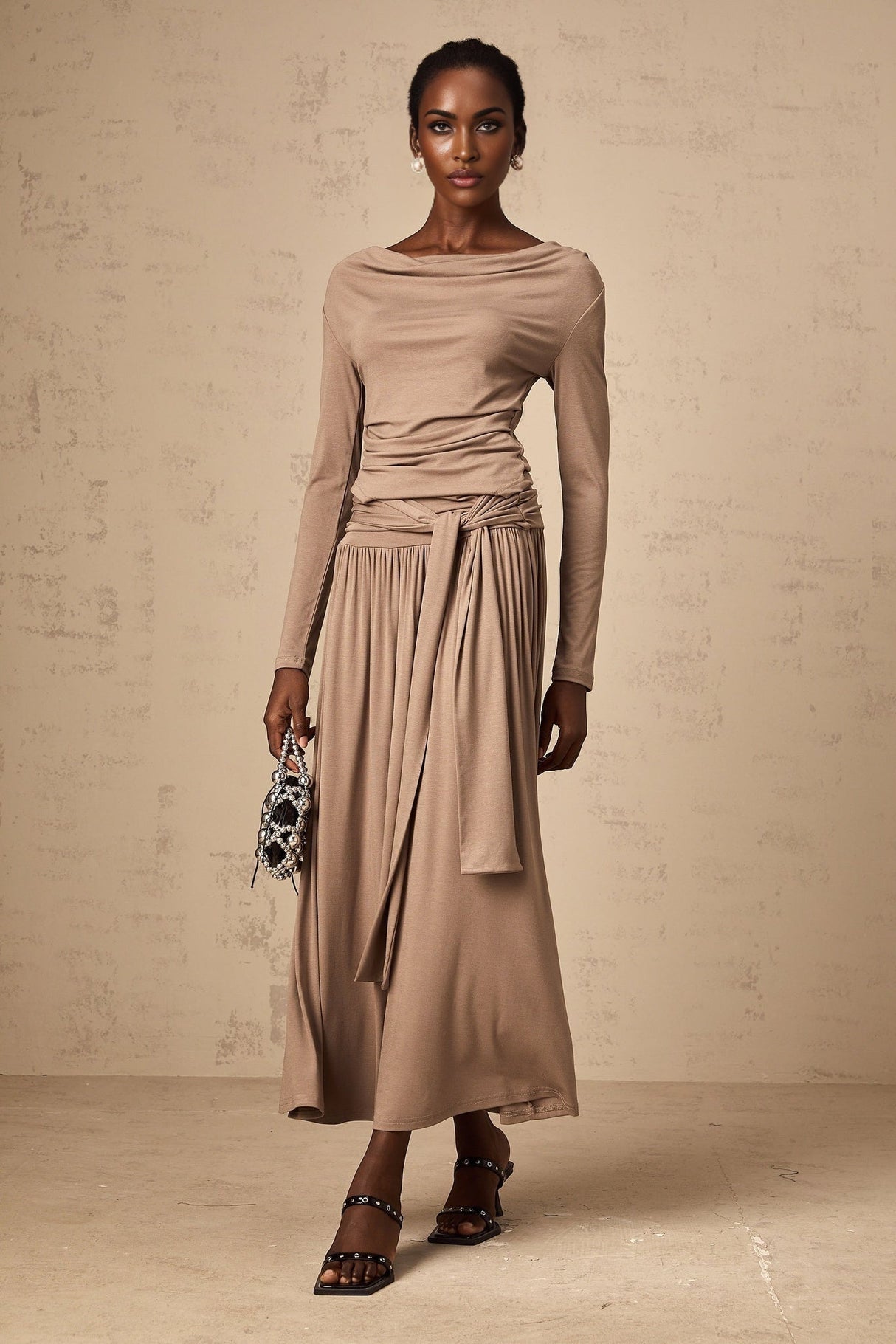 Tinsley Skirt & Top Set Oatmeal Draped Detail Matching Ensemble