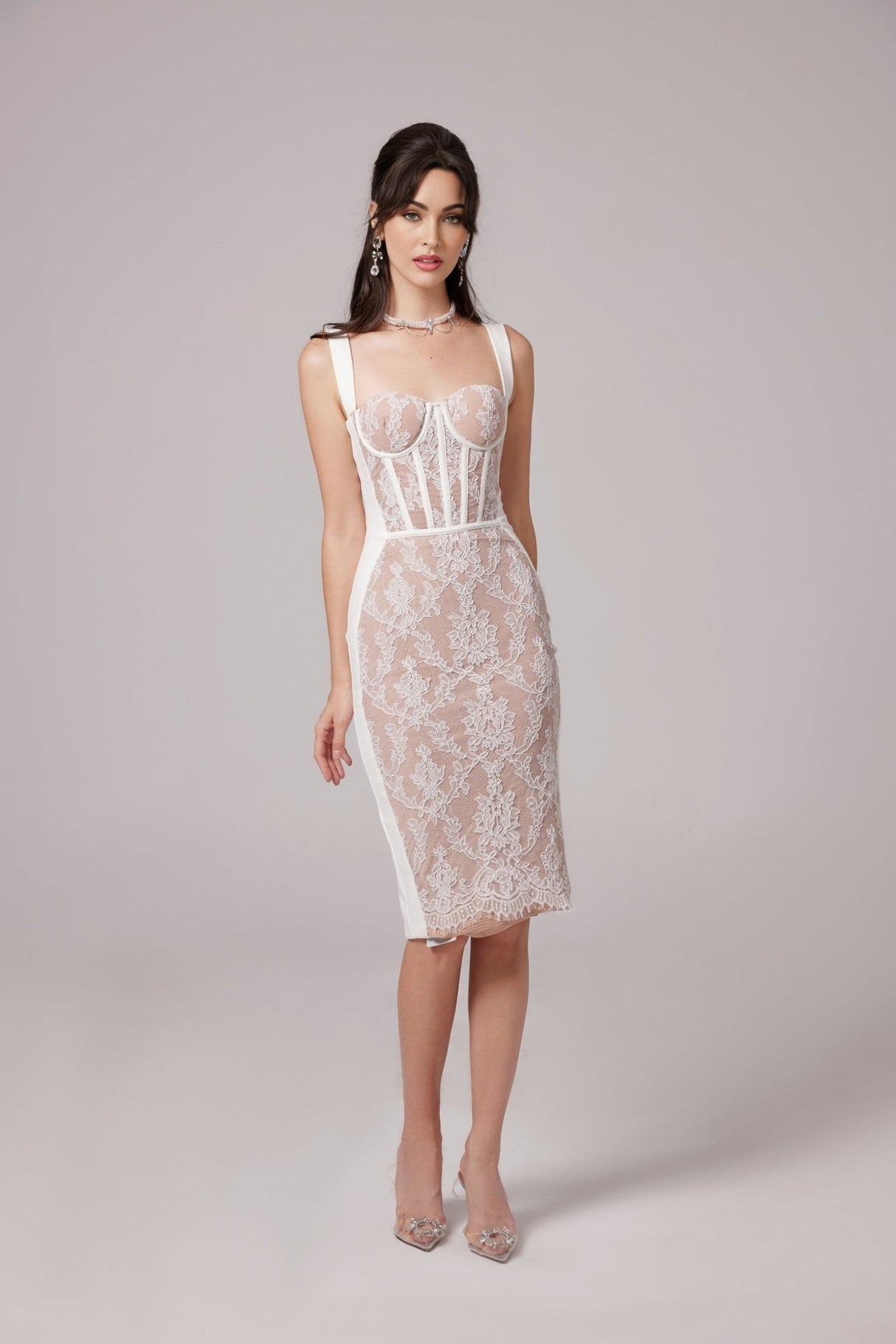 Titania Floral Lace Bustier Midi Dress With Sheer Paneling