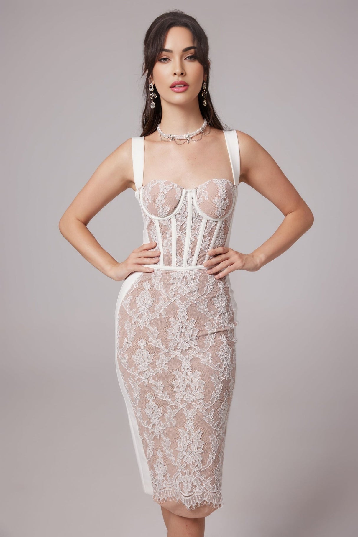Titania Floral Lace Bustier Midi Dress With Sheer Paneling