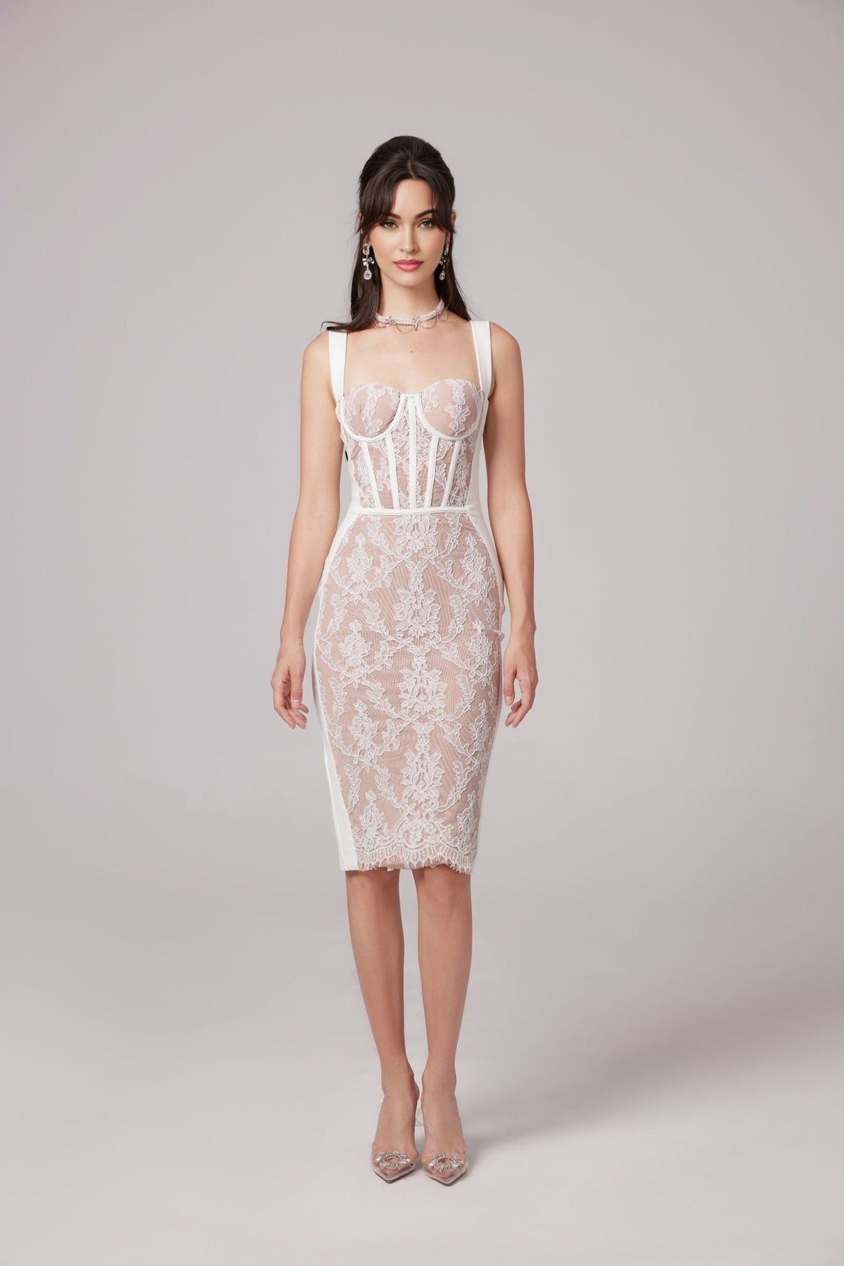 Titania Floral Lace Bustier Midi Dress With Sheer Paneling
