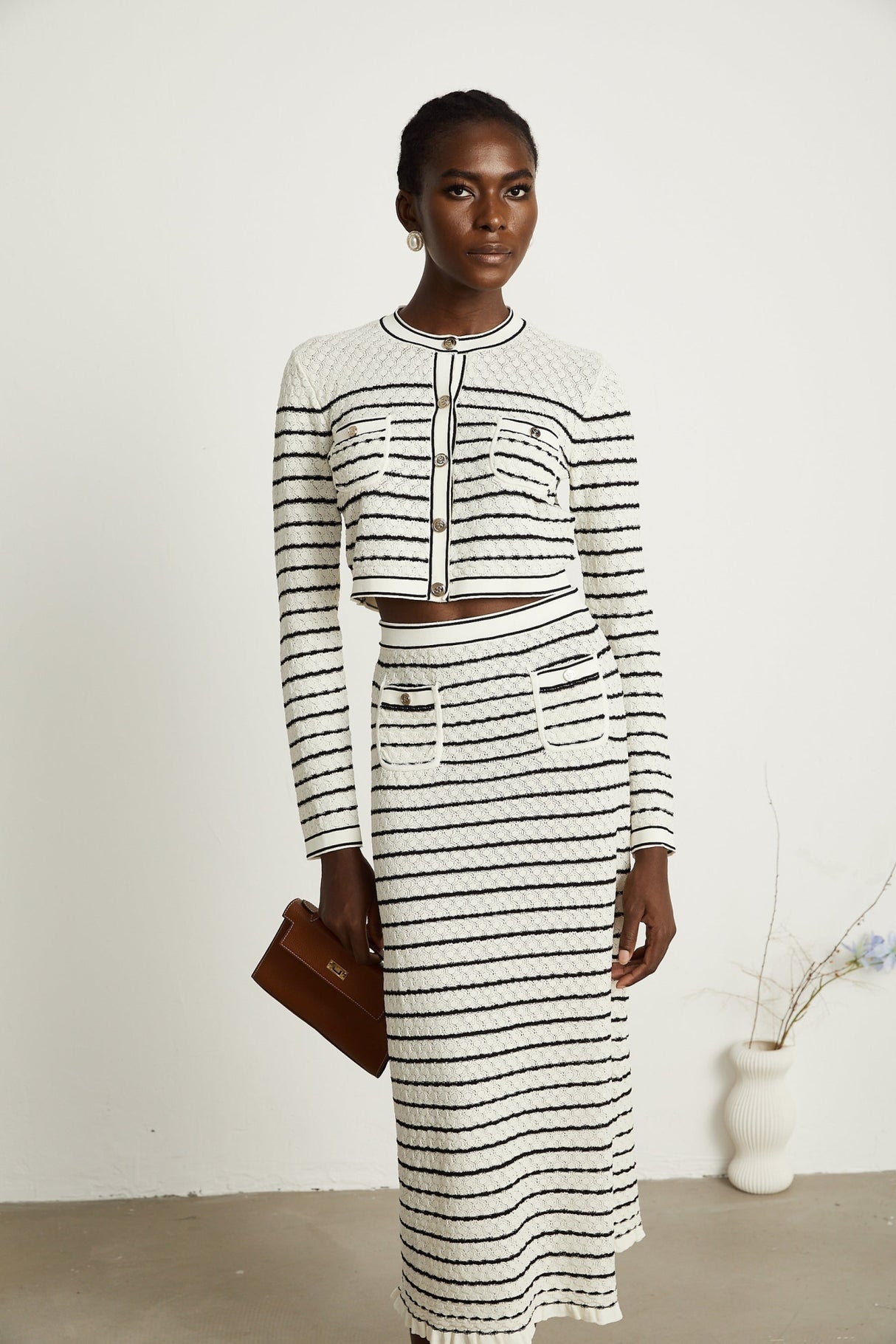 Tiziana Cardigan & Skirt Set in White & Black