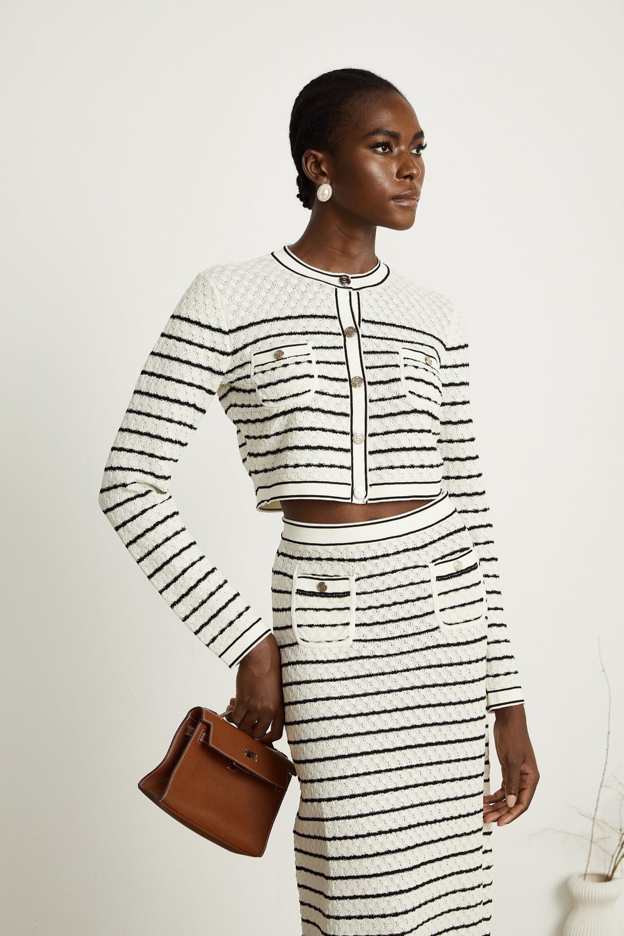 Tiziana Cardigan & Skirt Set in White & Black