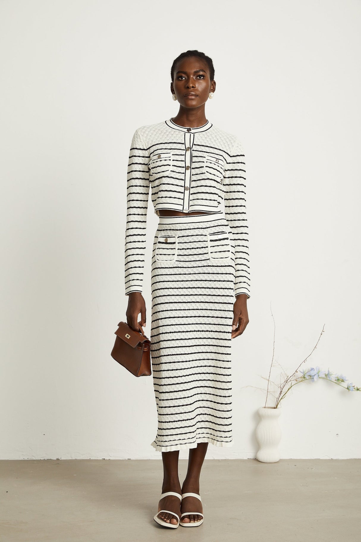 Tiziana Cardigan & Skirt Set in White & Black