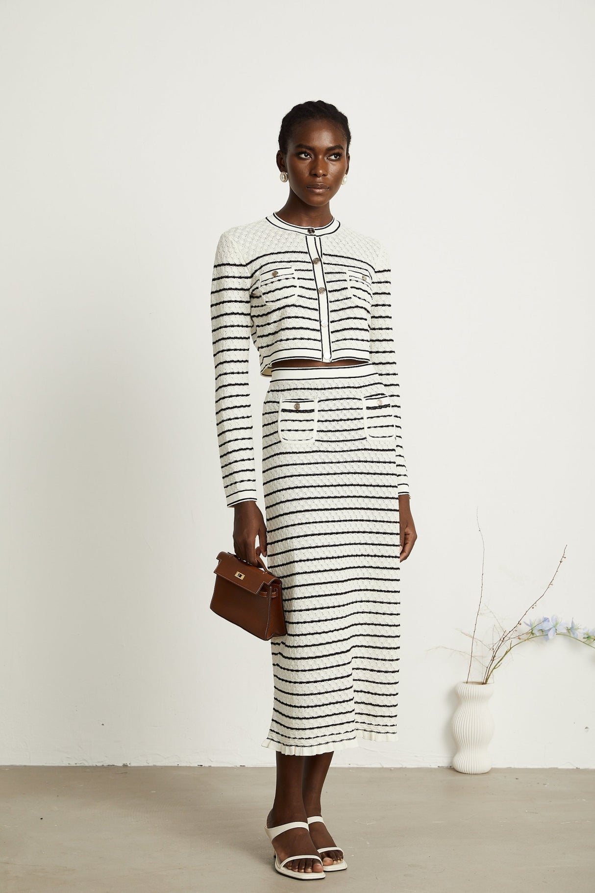 Tiziana Cardigan & Skirt Set in White & Black