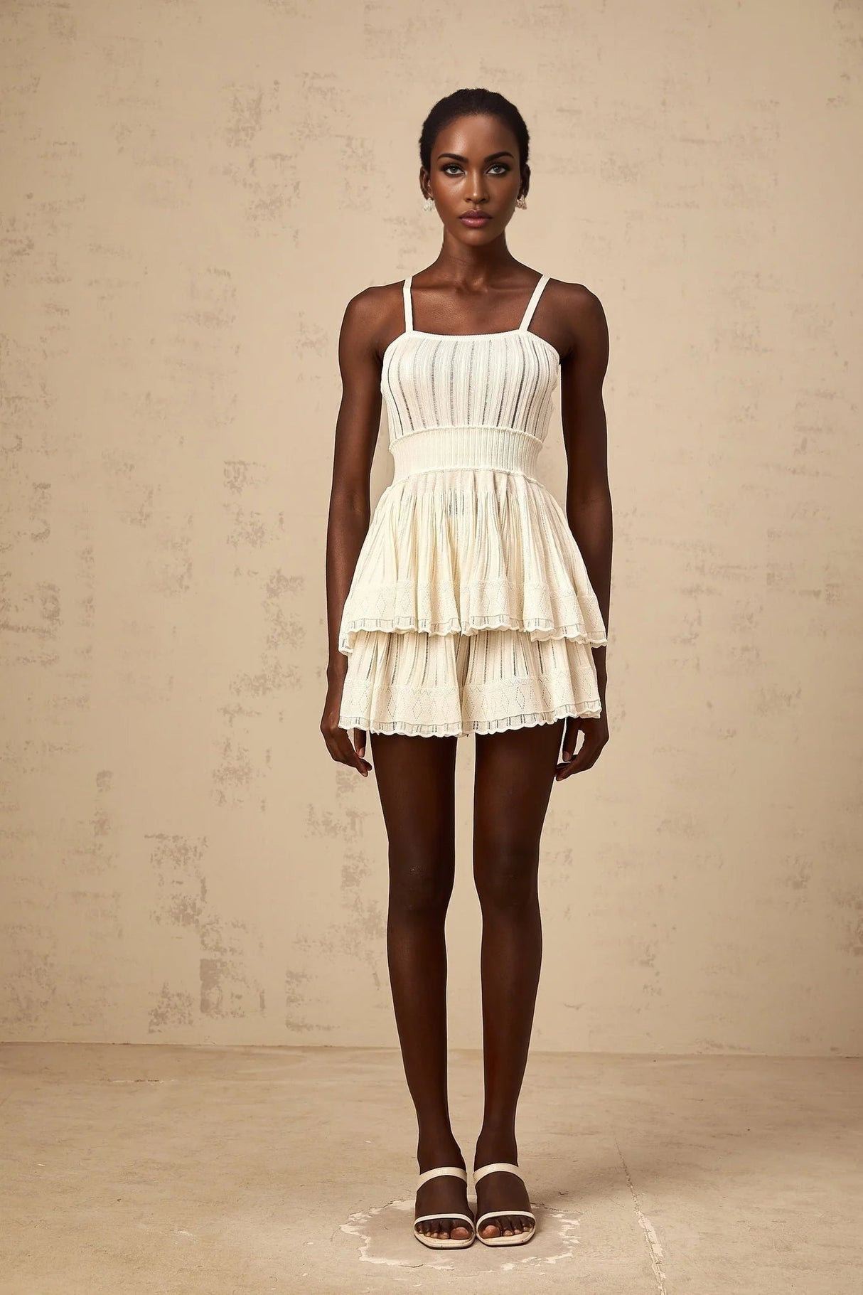 Tiziana Knit Top & Culottes Set with Tiered Design in White