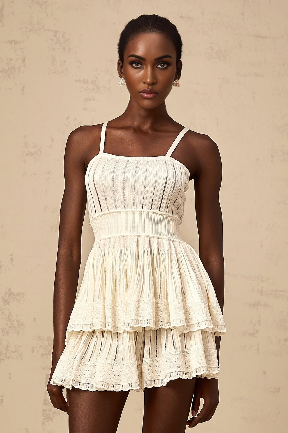 Tiziana Knit Top & Culottes Set with Tiered Design in White