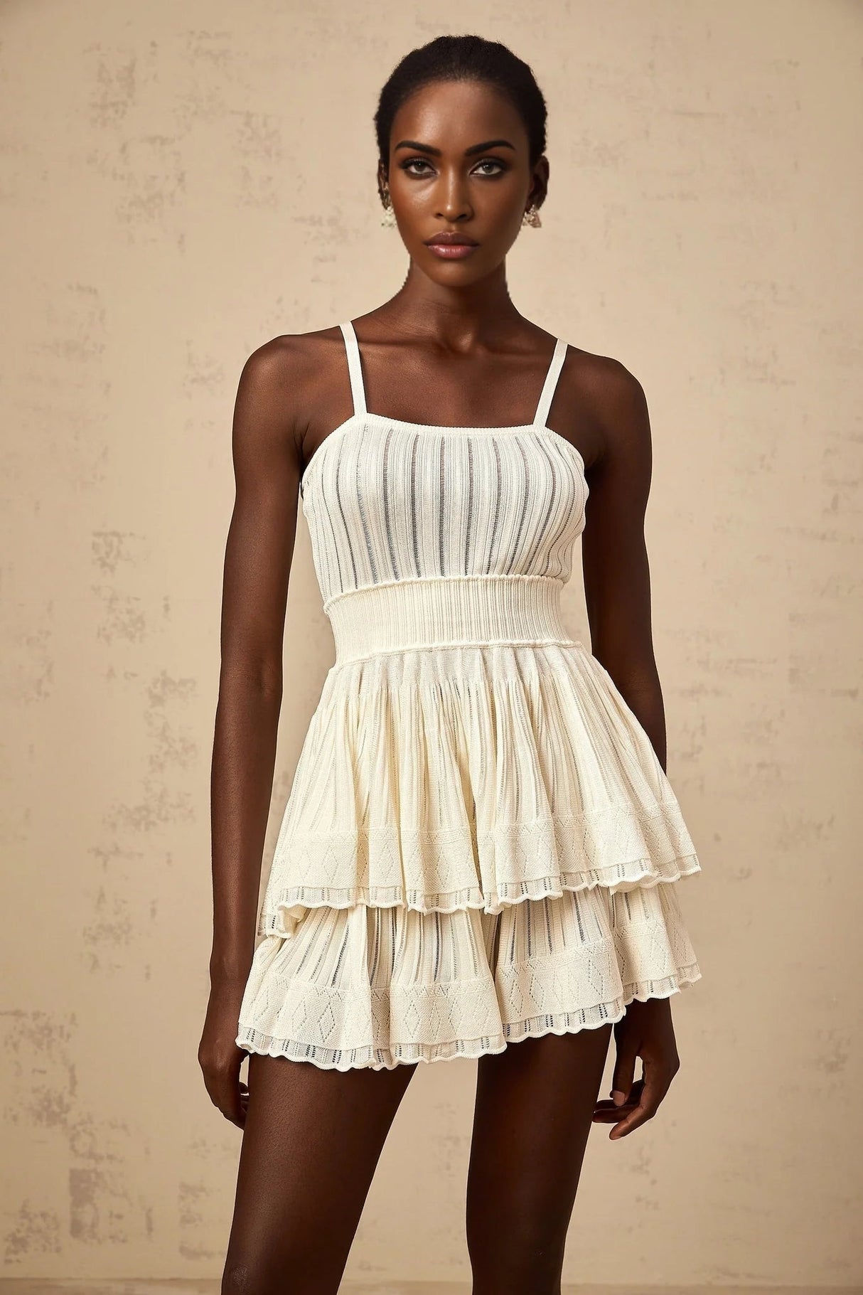 Tiziana Knit Top & Culottes Set with Tiered Design in White