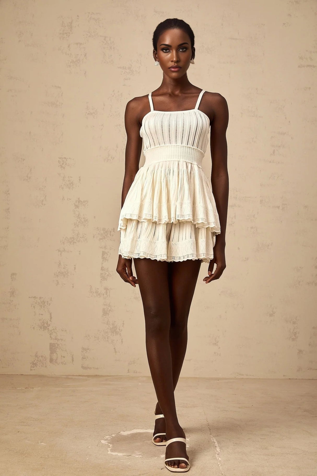 Tiziana Knit Top & Culottes Set with Tiered Design in White