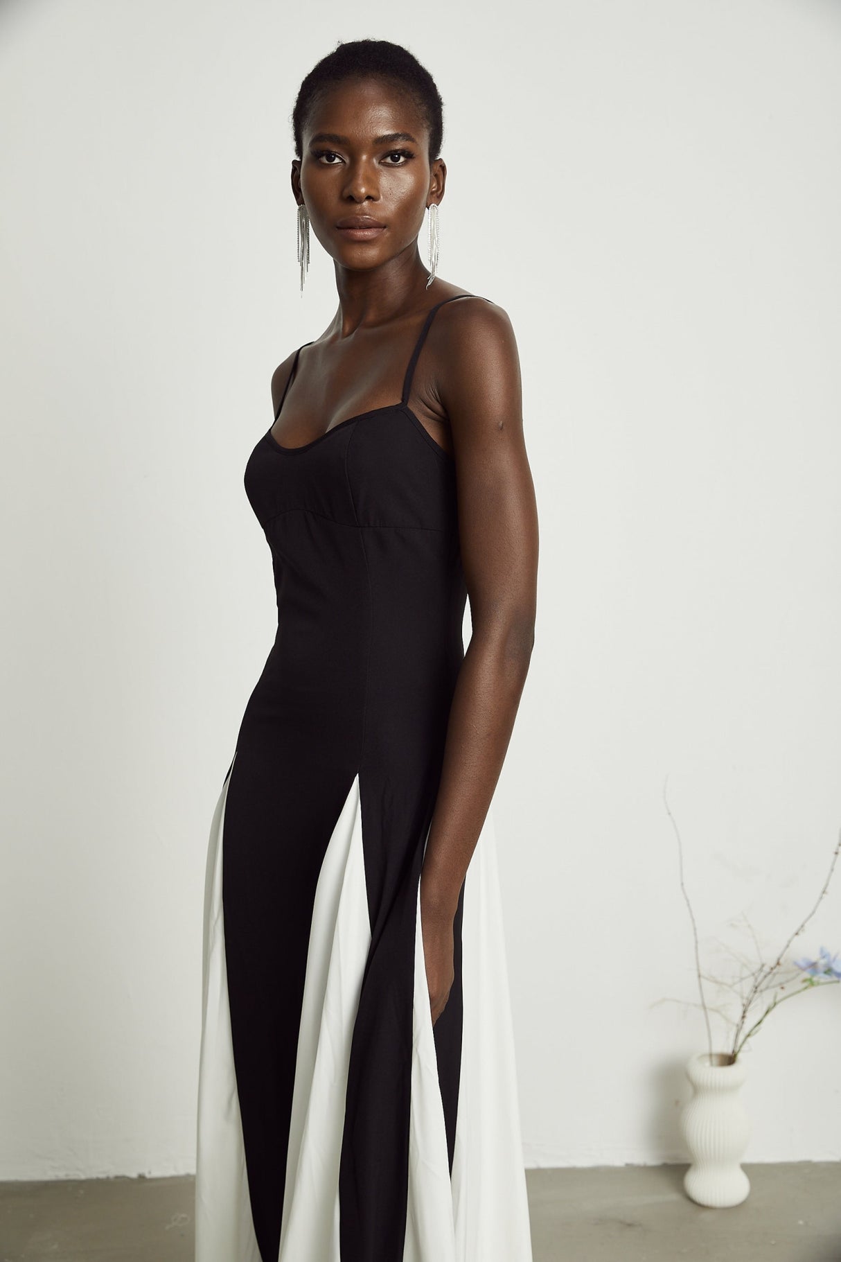 Tiziana Maxi Dress in Black & White Pleats with Scoop Back & Adjustable Straps