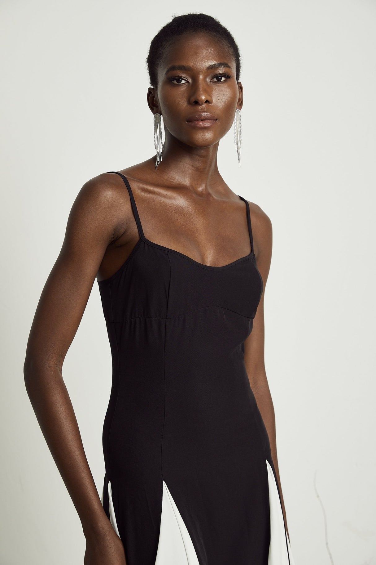 Tiziana Maxi Dress in Black & White Pleats with Scoop Back & Adjustable Straps