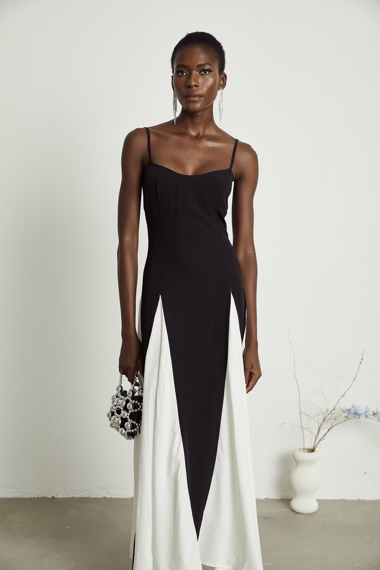 Tiziana Maxi Dress in Black & White Pleats with Scoop Back & Adjustable Straps