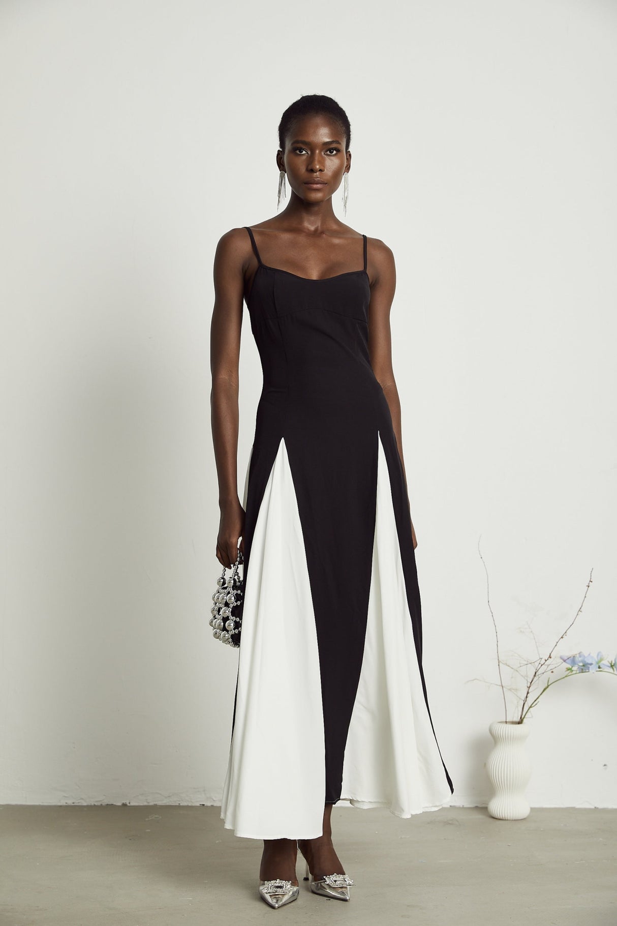 Tiziana Maxi Dress in Black & White Pleats with Scoop Back & Adjustable Straps