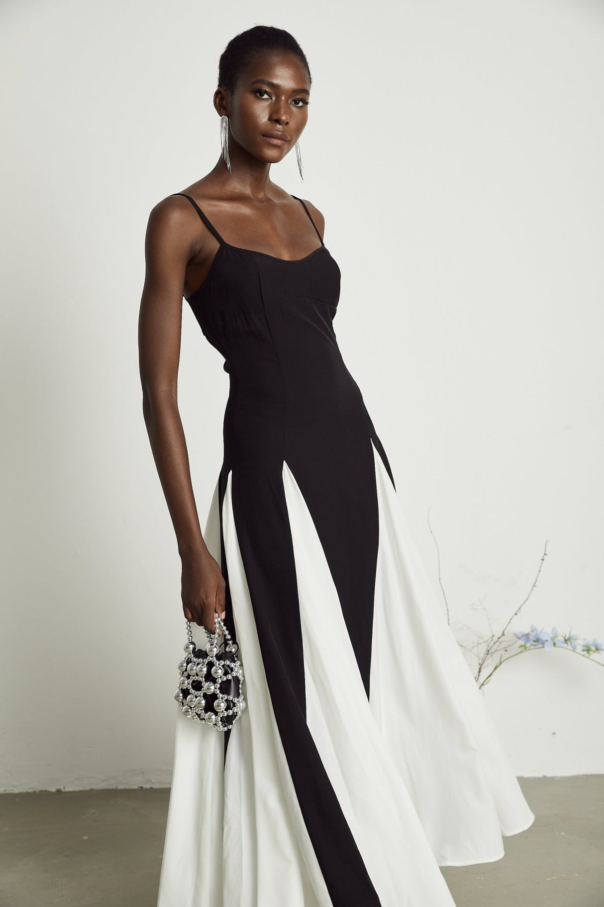 Tiziana Maxi Dress in Black & White Pleats with Scoop Back & Adjustable Straps