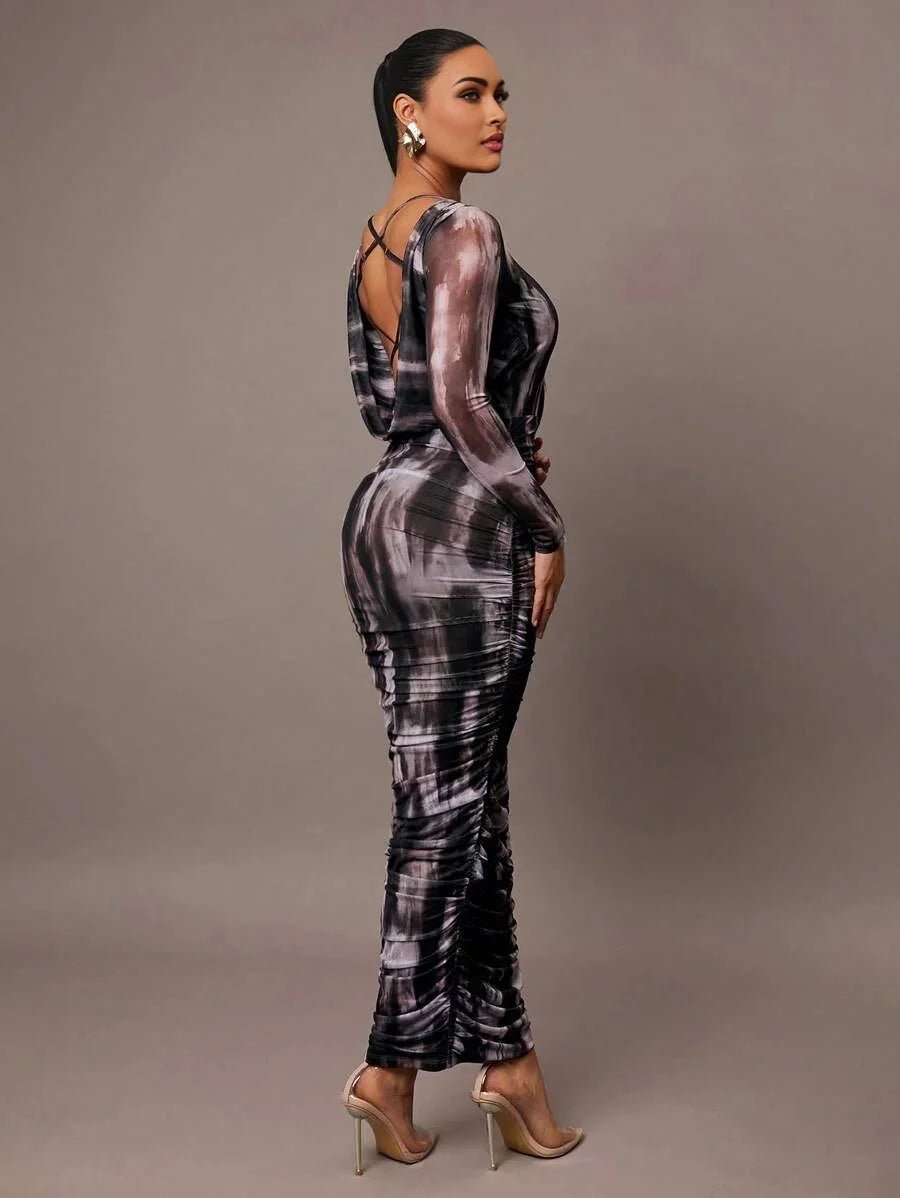 Tiziana Maxi Dress - Slim Fit - Graphic Print - Backless Design - High Stretch Knitted Fabric