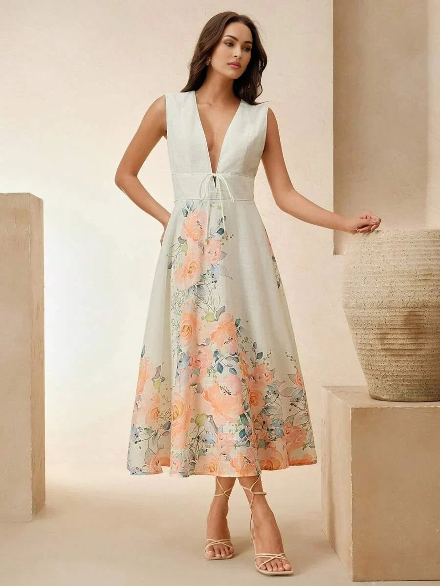 Tiziana Midi Dress - Deep V Neck - High Waist - A Line - Elegant - Backless